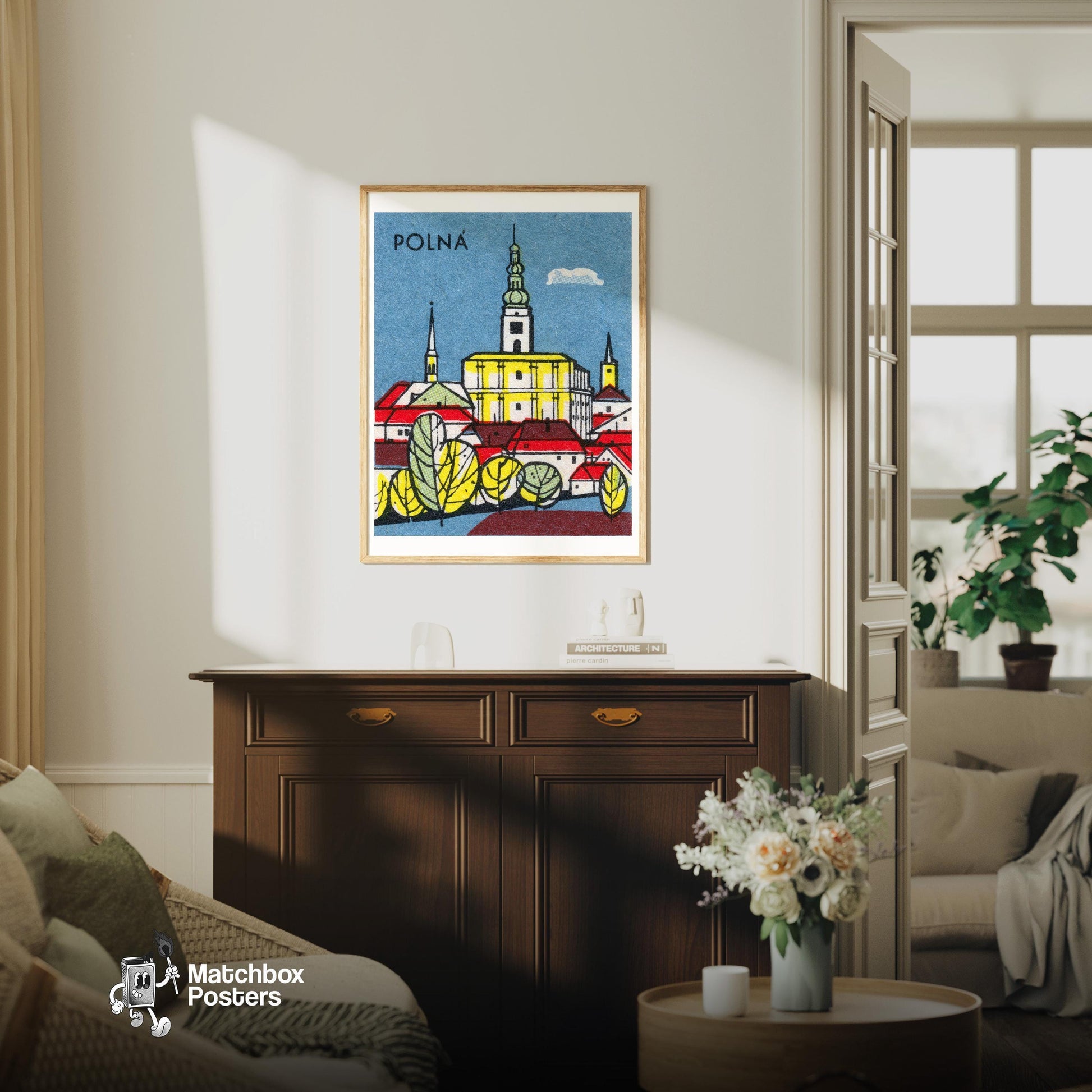 Church - vintage matchbox label print - living room mockup