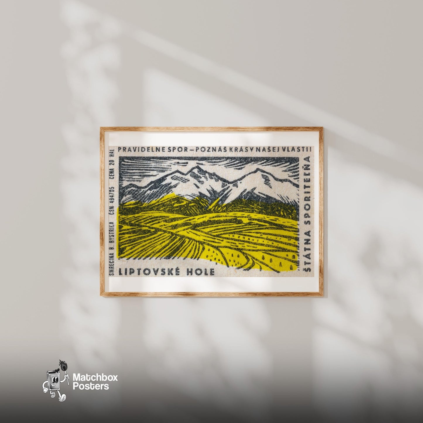 Yellow Valley - vintage matchbox label print - bedroom mockup