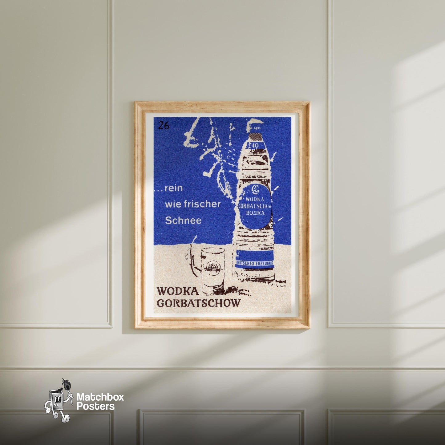 Snow Vodka Bottle - vintage matchbox label print - bedroom mockup