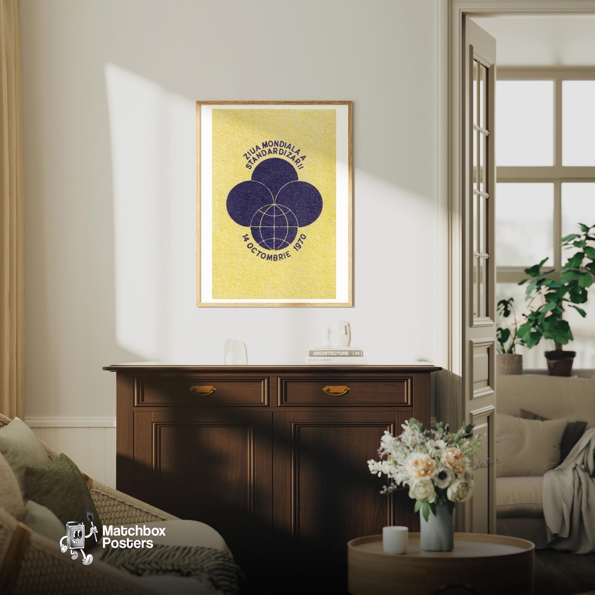 World Standardization Day - vintage matchbox label print - living room mockup
