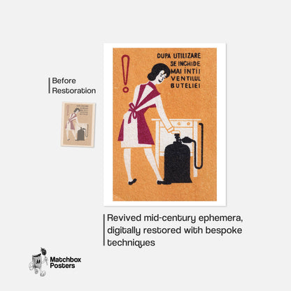 Woman Turning Off Gas - vintage matchbox label print - framed wall art preview
