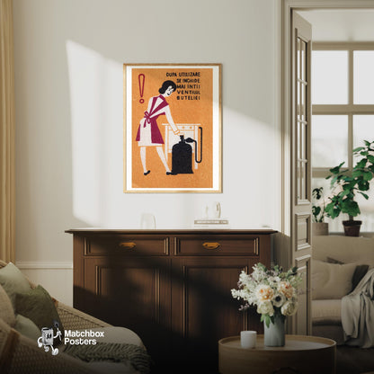 Woman Turning Off Gas - vintage matchbox label print - living room mockup