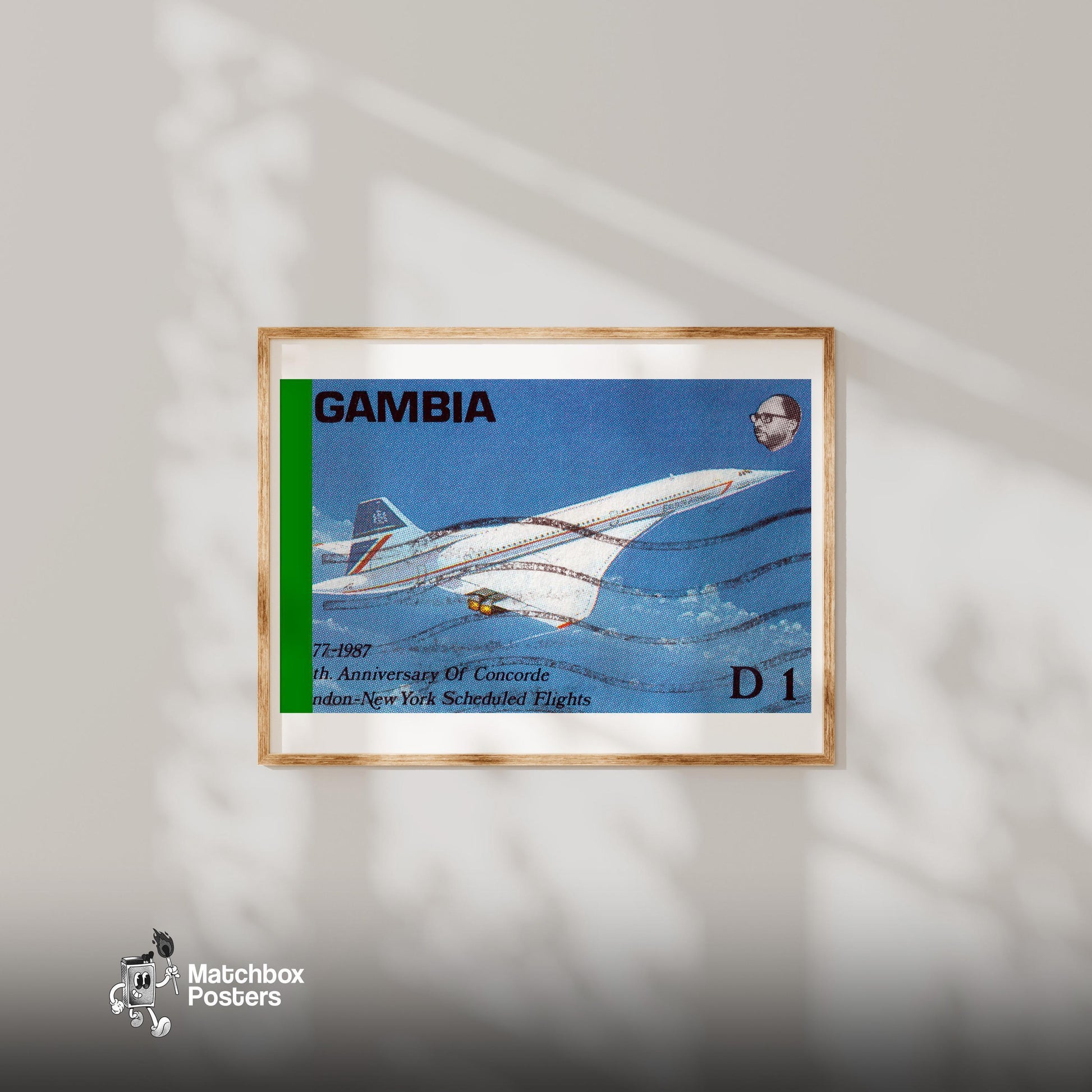 Concord Vintage Gambia Postage Stamp Print - vintage matchbox label print - bedroom mockup