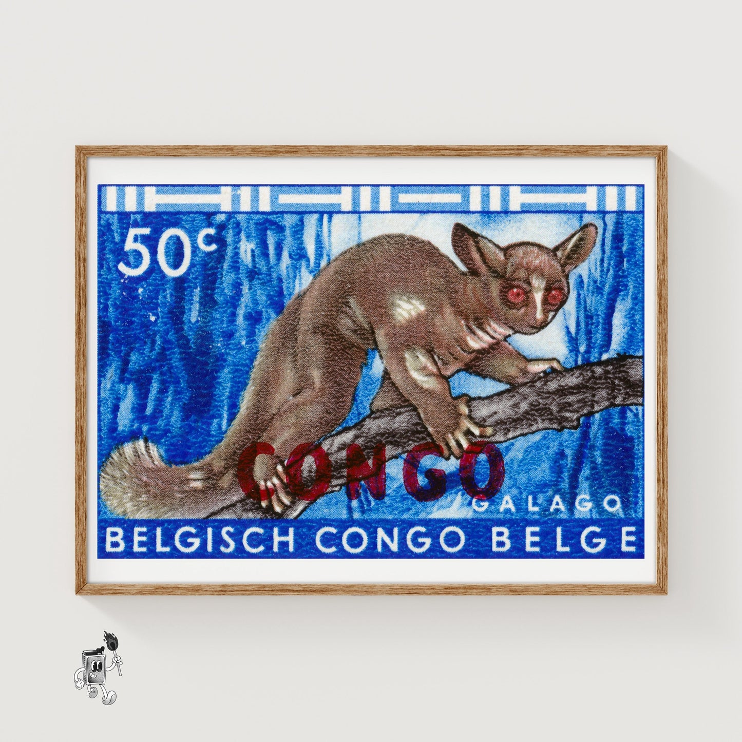 Lemur - Vintage Congo Art: Vintage Belgisch Congo Stamp - vintage matchbox label print
