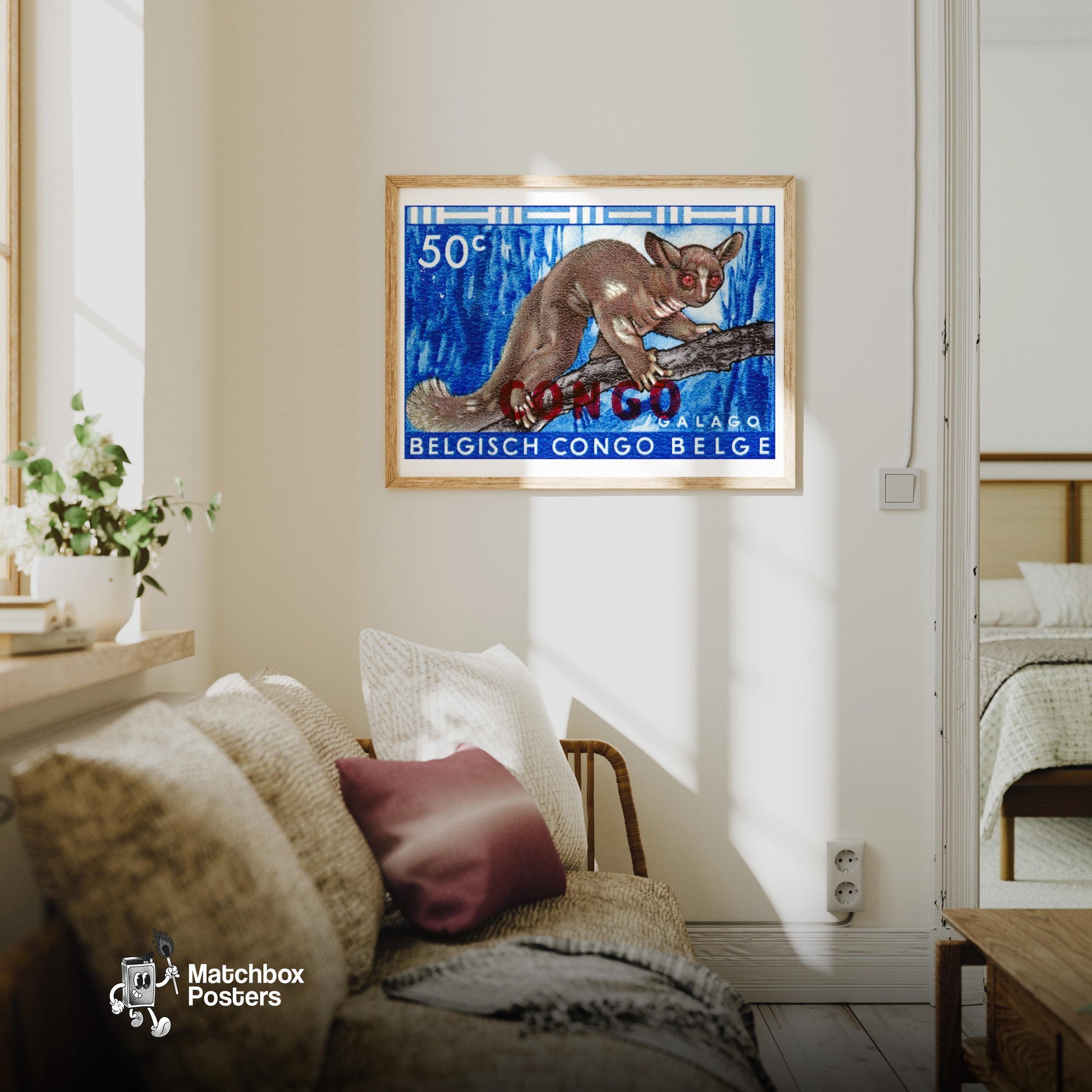 Lemur - Vintage Congo Art: Vintage Belgisch Congo Stamp - vintage matchbox label print - living room mockup