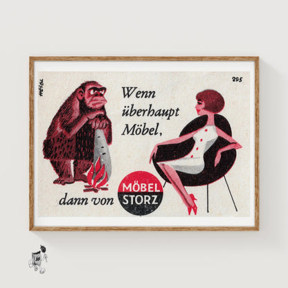 Caveman and Woman - vintage matchbox label print