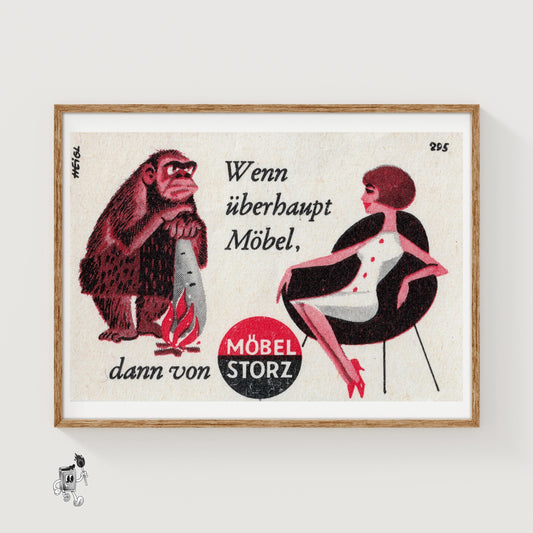 Caveman and Woman - vintage matchbox label print