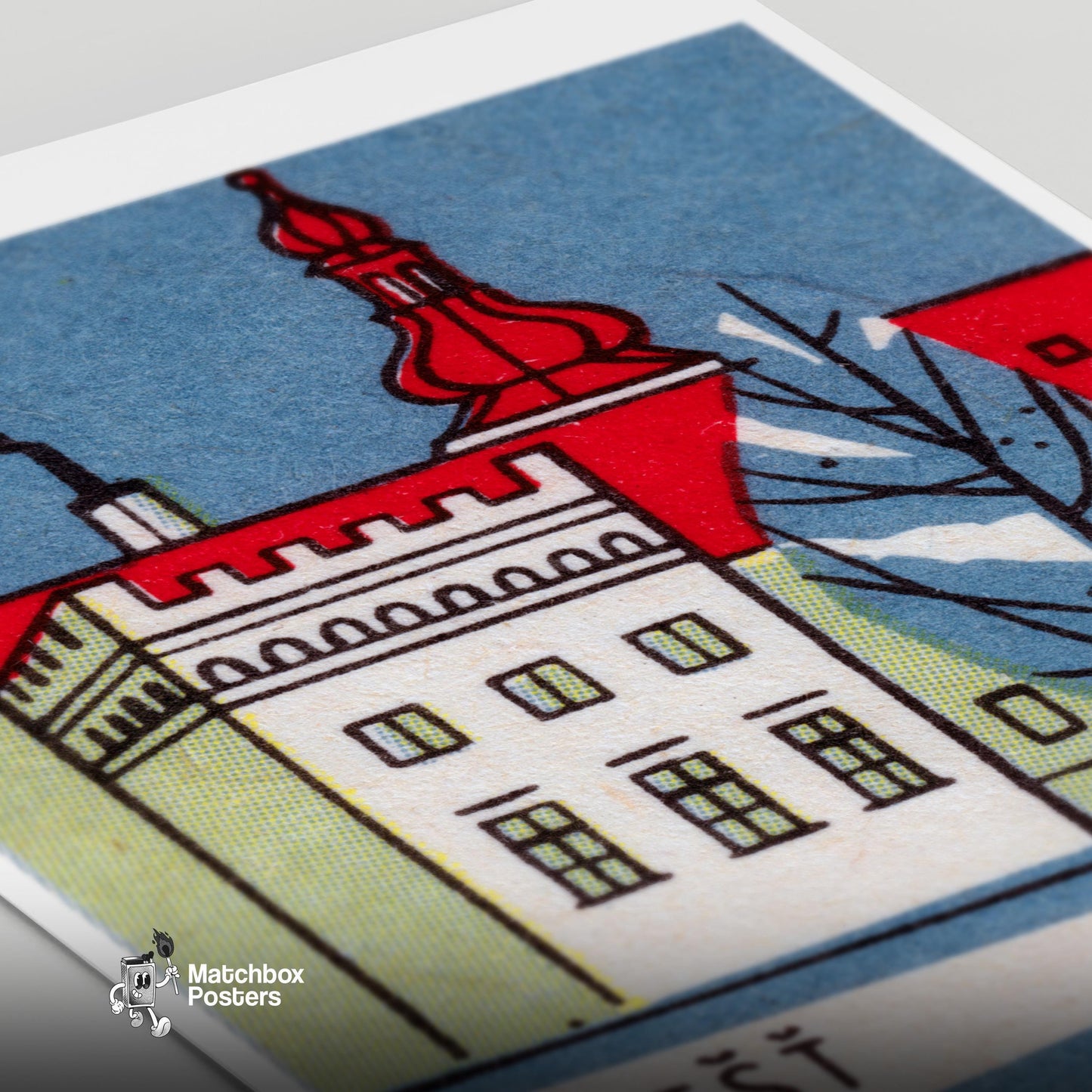 Trest City Building - vintage matchbox label print - close-up detail
