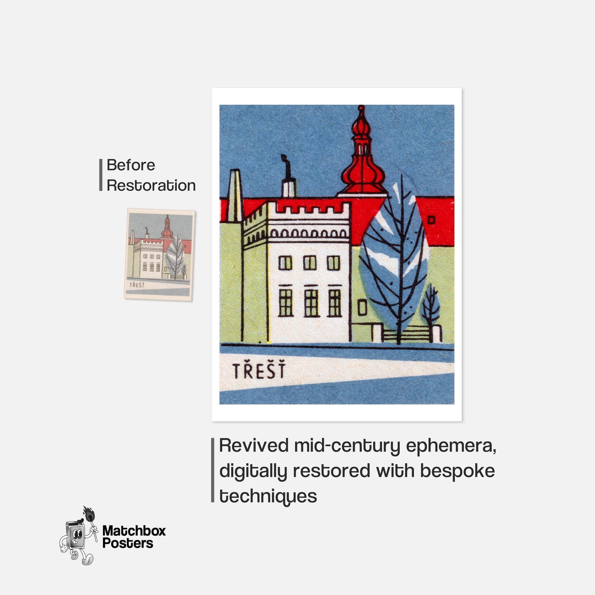 Trest City Building - vintage matchbox label print - framed wall art preview