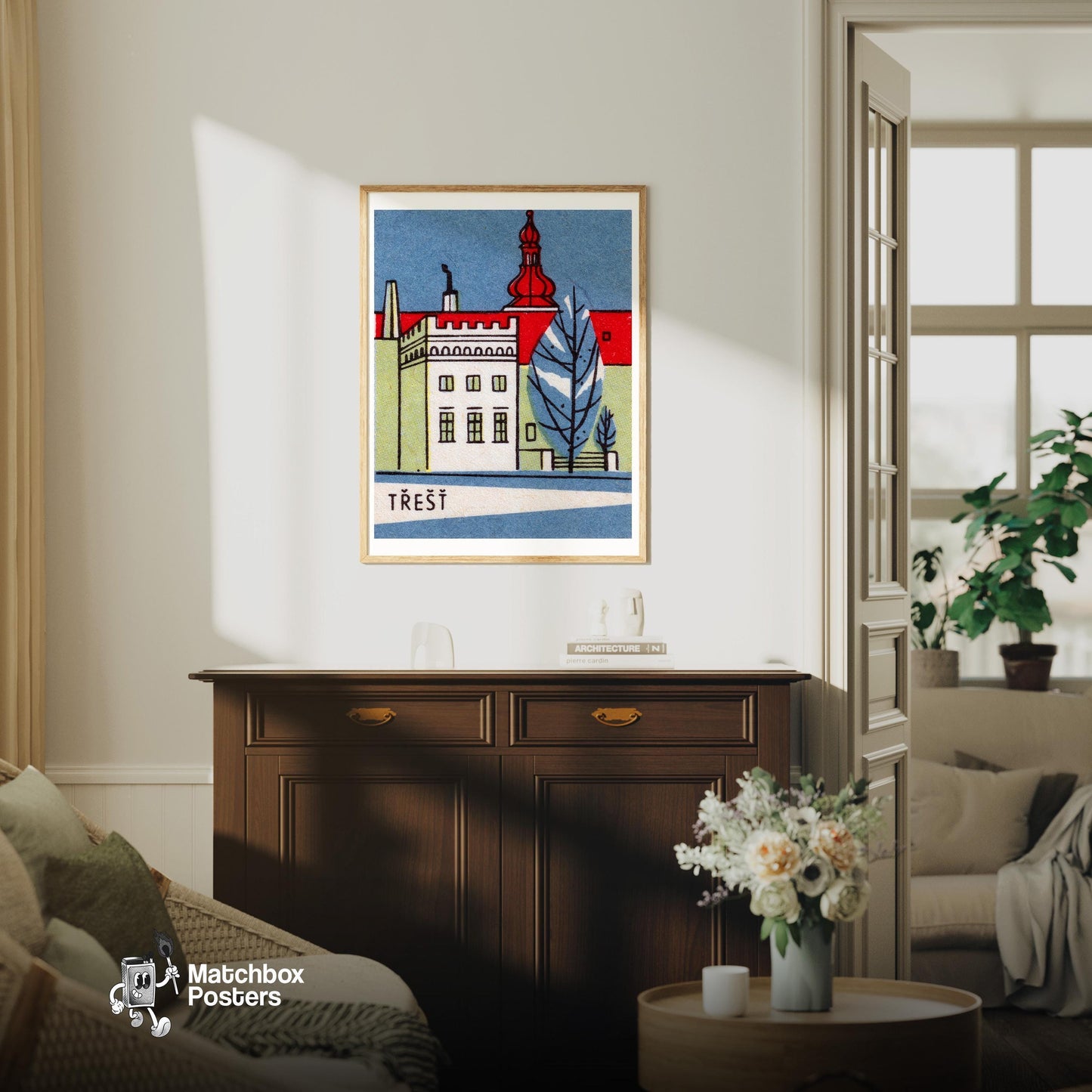 Trest City Building - vintage matchbox label print - living room mockup