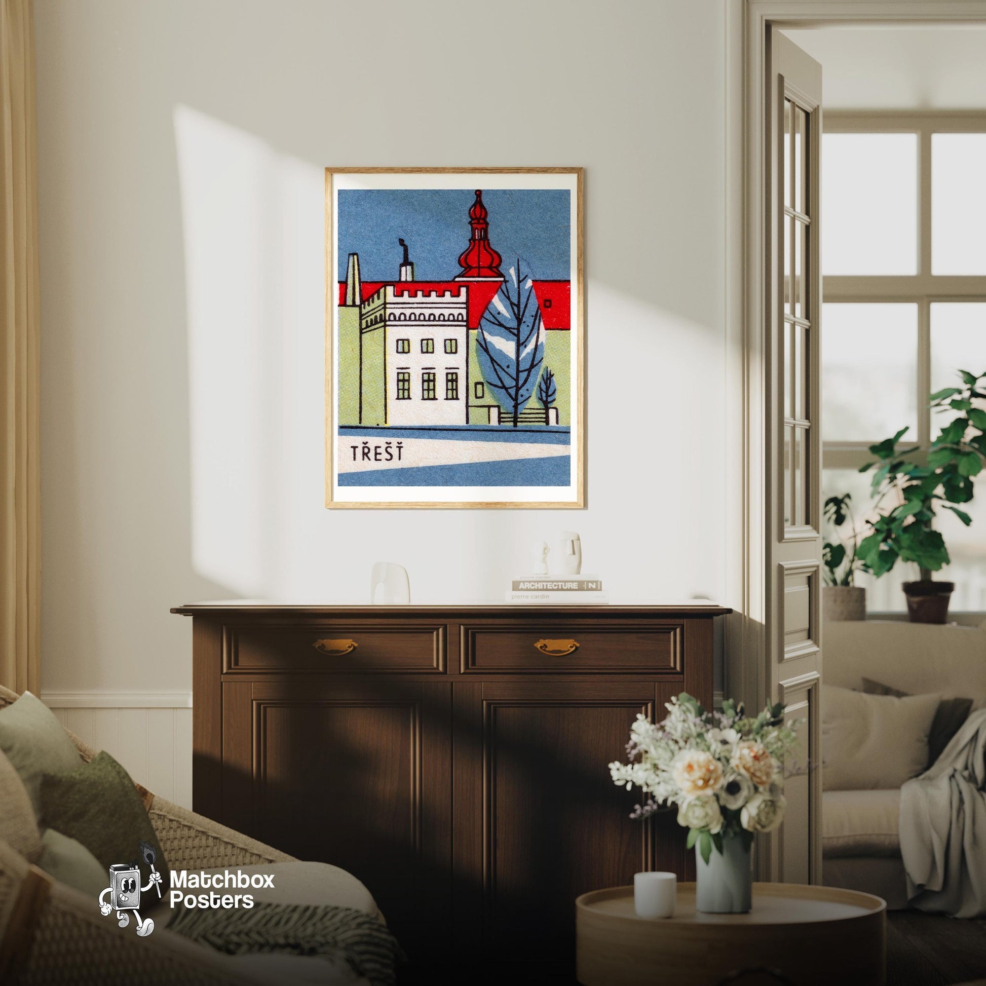 Trest City Building - vintage matchbox label print - living room mockup