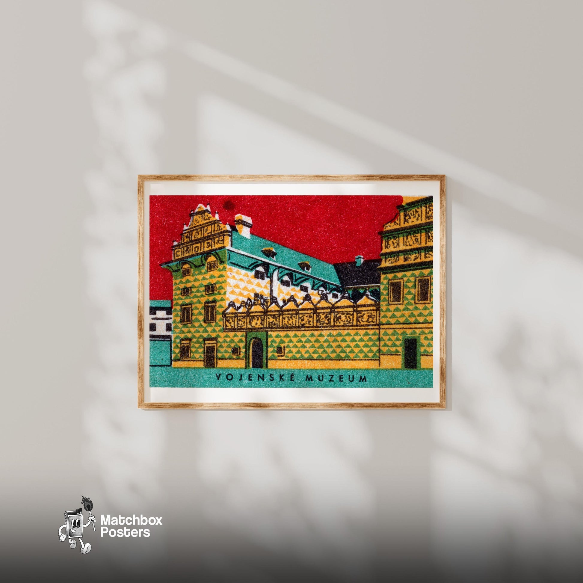 Vojenské Muzeum Building - vintage matchbox label print - bedroom mockup