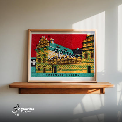 Vojenské Muzeum Building - vintage matchbox label print - size comparison