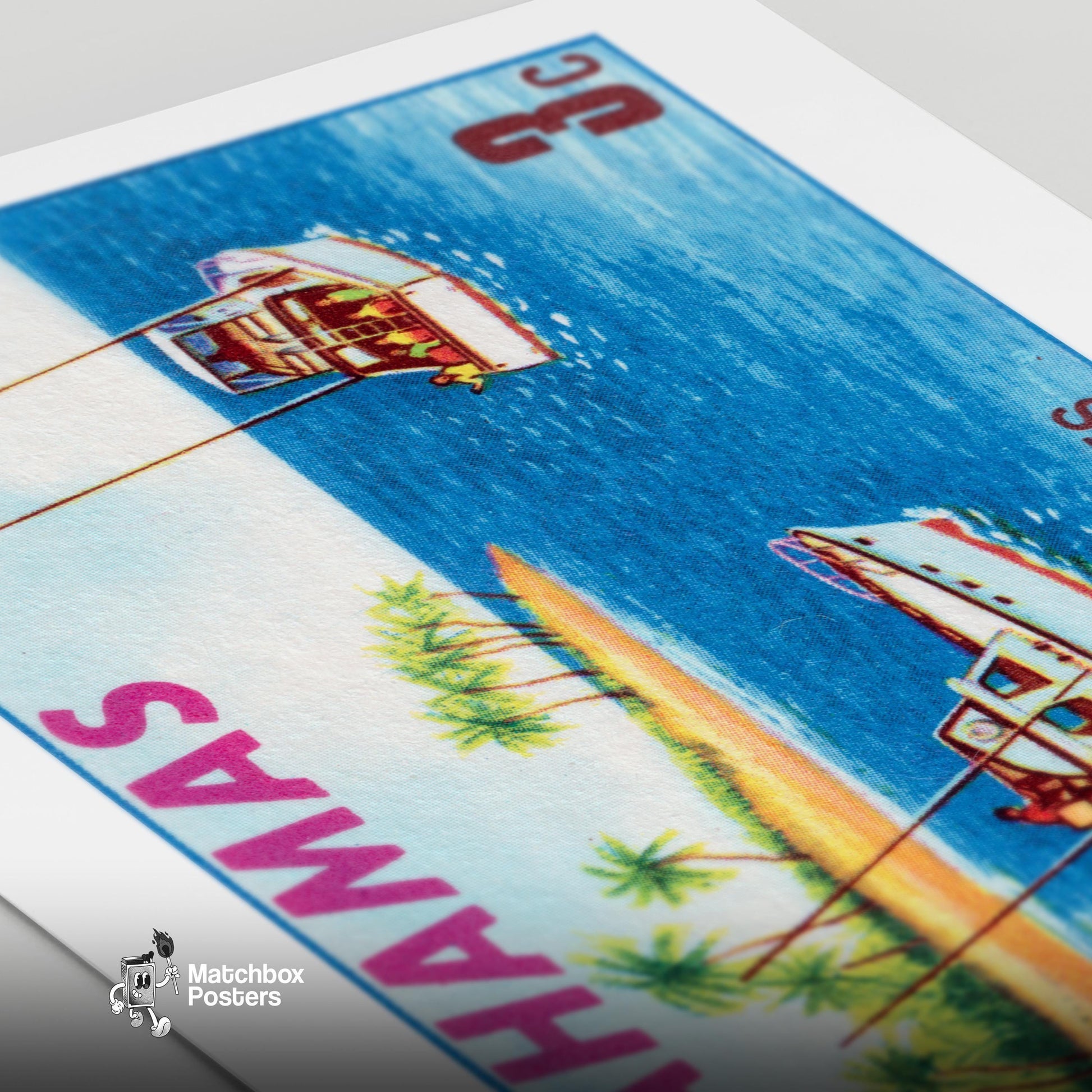 Tropical Fishing Boats - vintage matchbox label print - close-up detail
