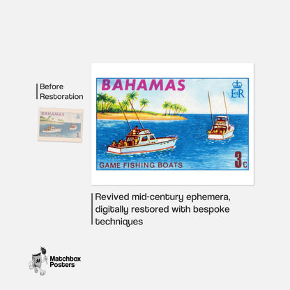 Tropical Fishing Boats - vintage matchbox label print - framed wall art preview