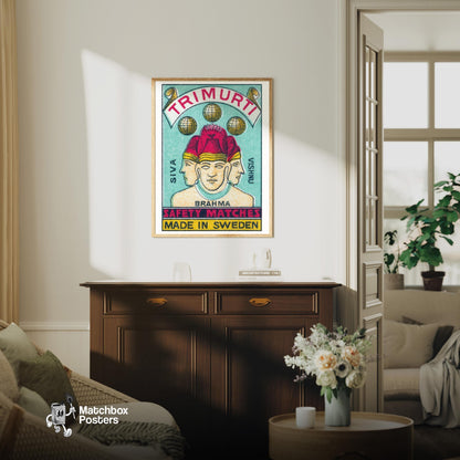 Trimurti - vintage matchbox label print - living room mockup