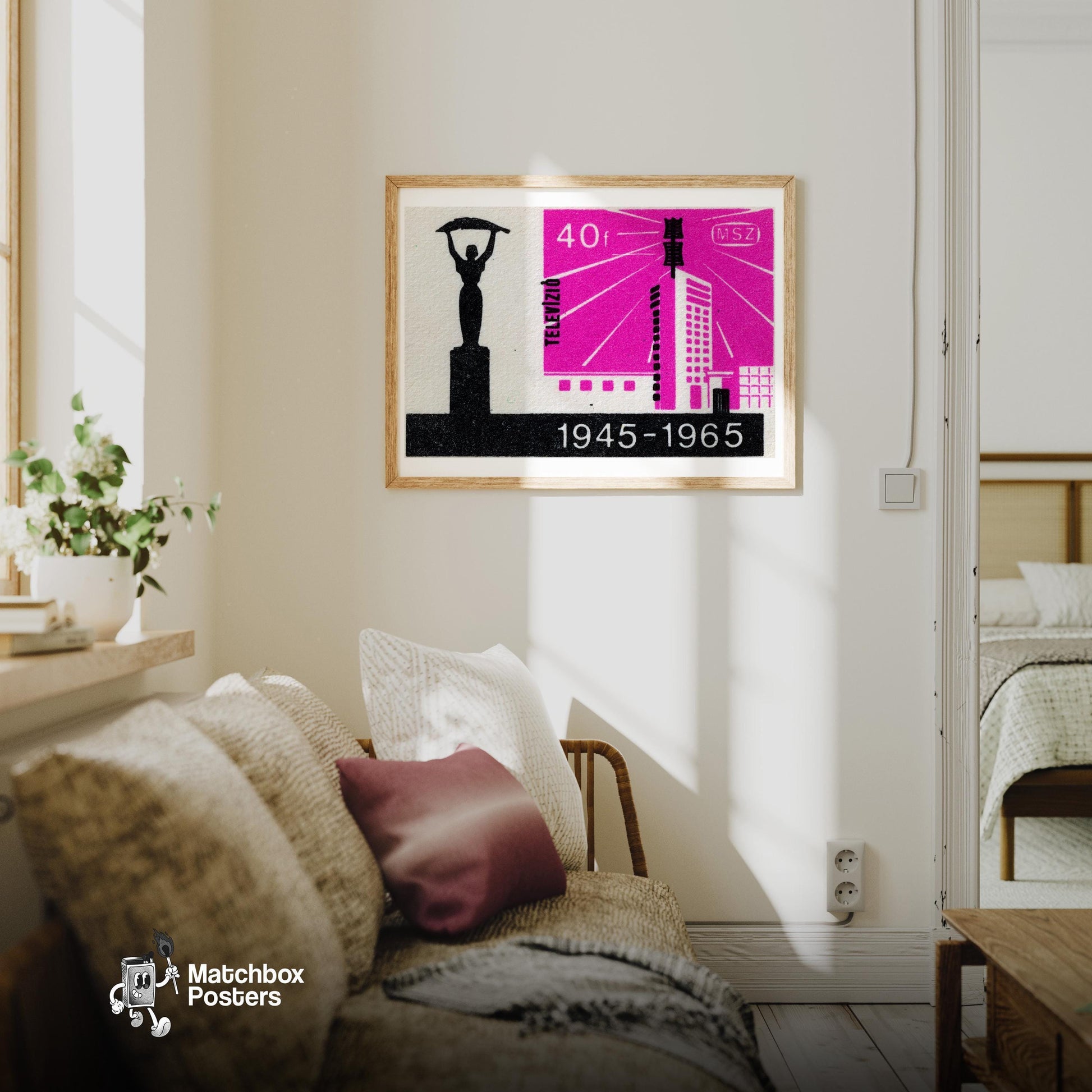 Television Broadcast - vintage matchbox label print - living room mockup
