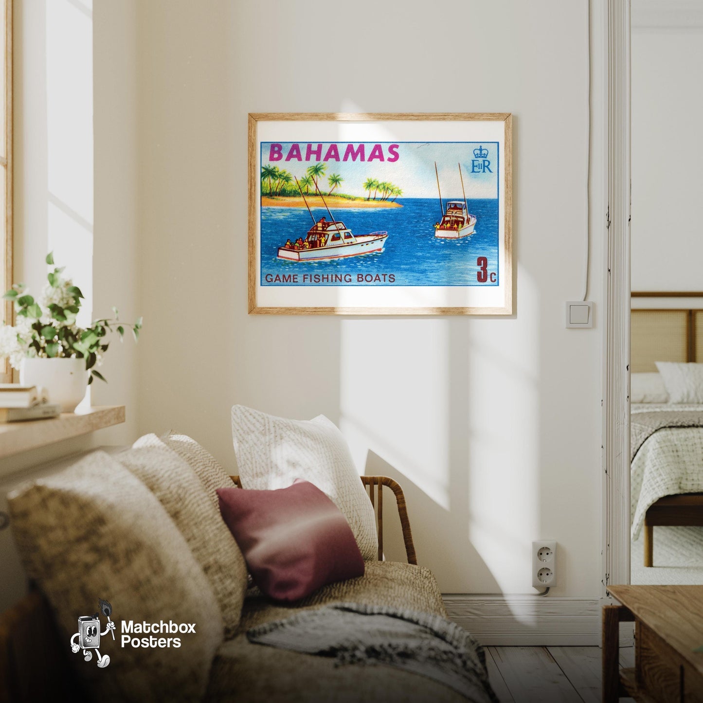 Tropical Fishing Boats - vintage matchbox label print - living room mockup