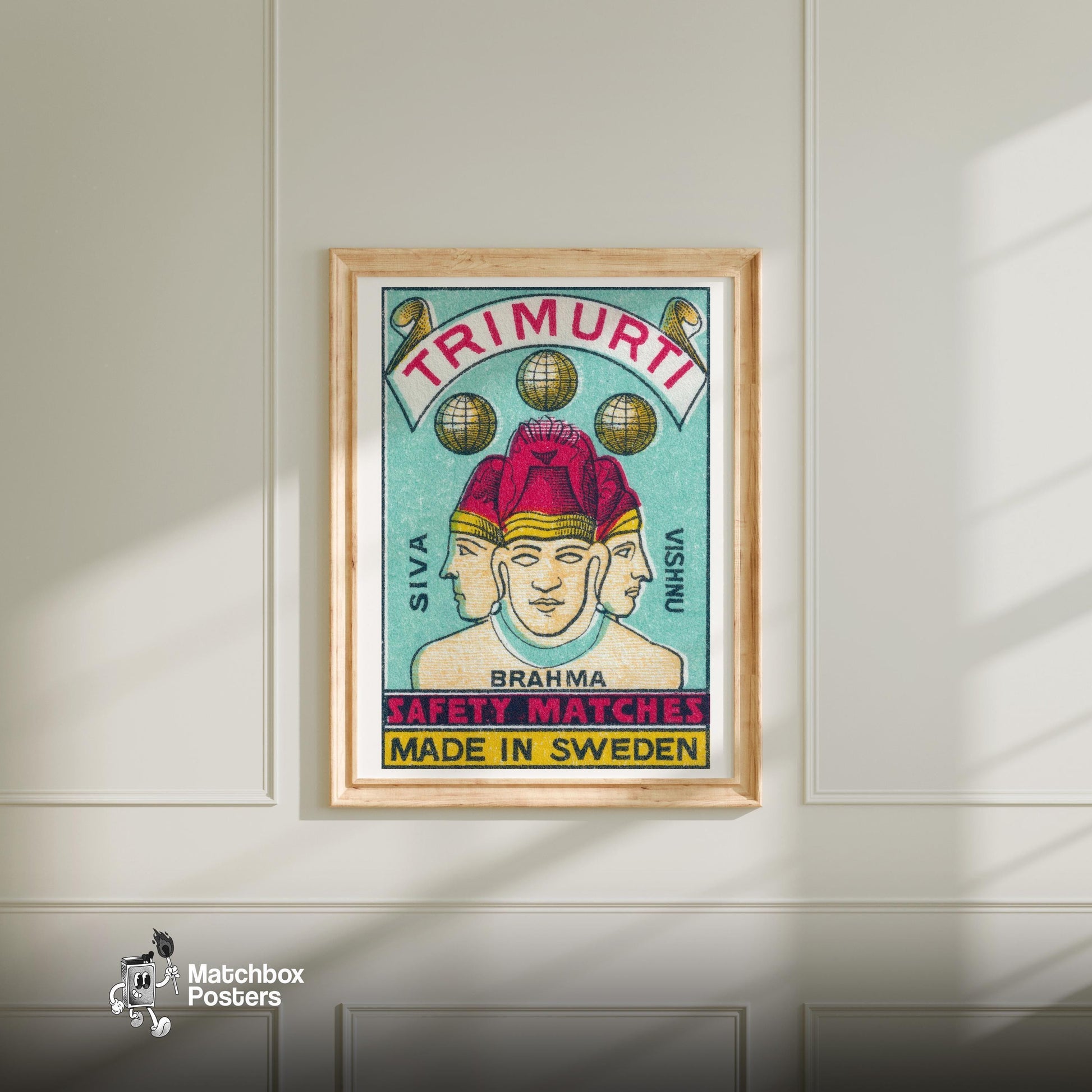 Trimurti - vintage matchbox label print - bedroom mockup