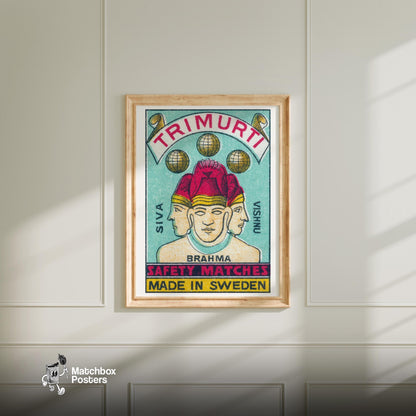 Trimurti - vintage matchbox label print - bedroom mockup