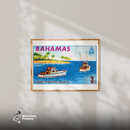 Tropical Fishing Boats - vintage matchbox label print - bedroom mockup