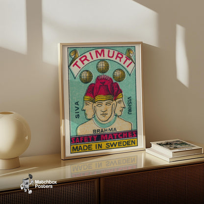 Trimurti - vintage matchbox label print - size comparison