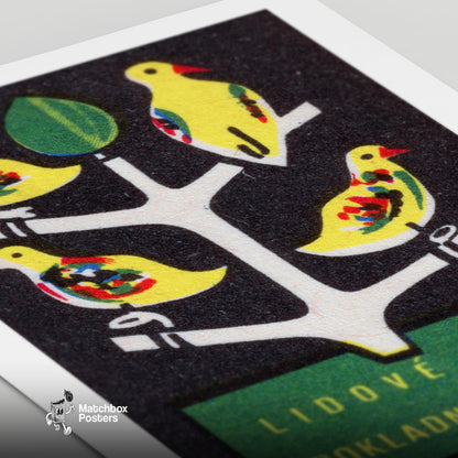 Yellow Birds on Tree - vintage matchbox label print - close-up detail