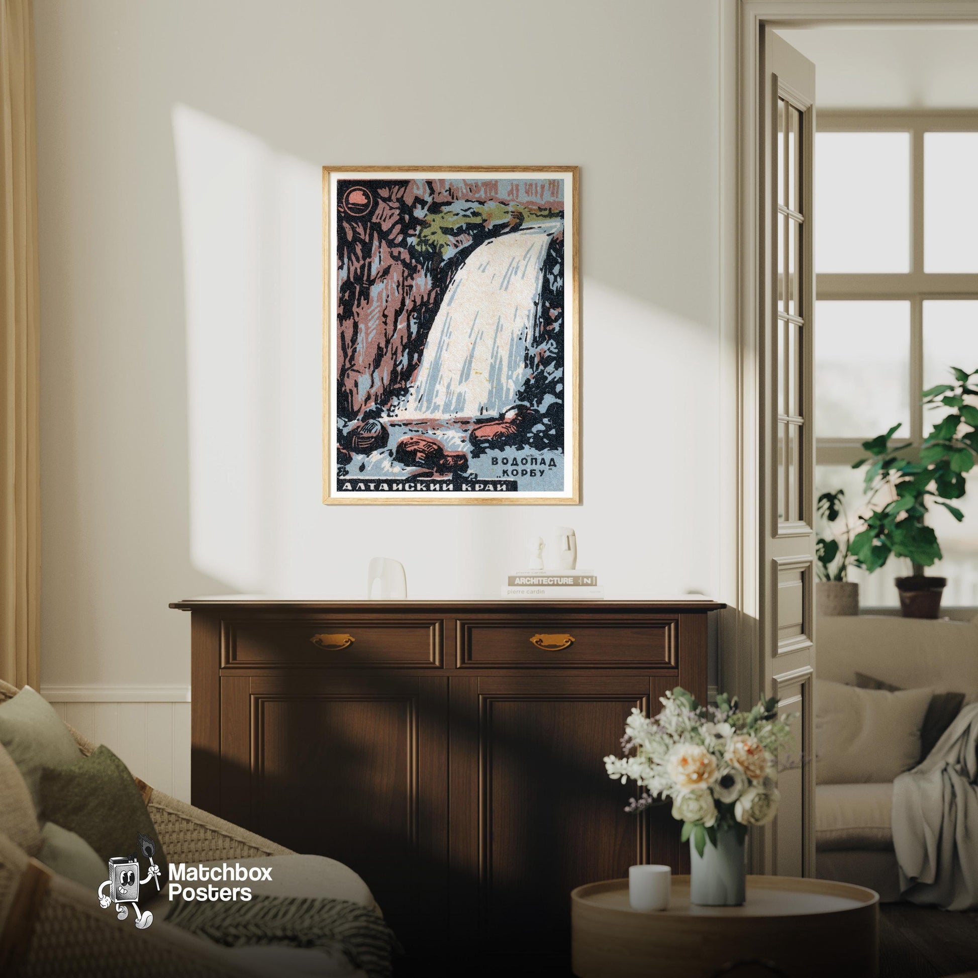 Waterfall - vintage matchbox label print - living room mockup