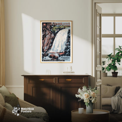 Waterfall - vintage matchbox label print - living room mockup