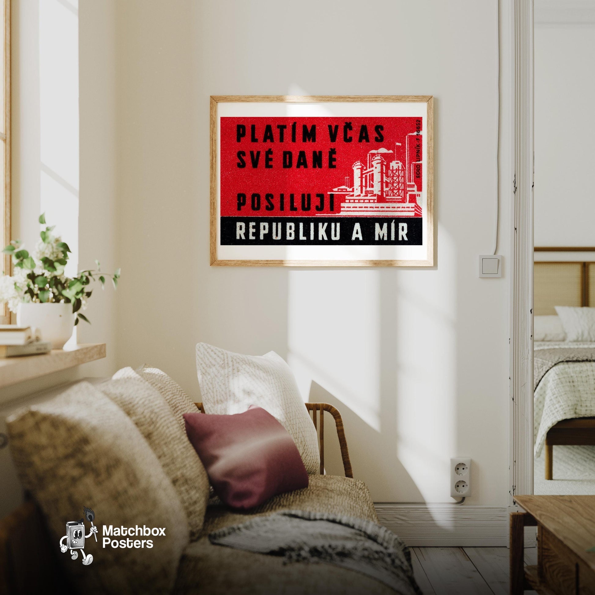 Pay Taxes on Time - vintage matchbox label print - living room mockup