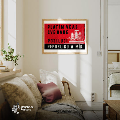 Pay Taxes on Time - vintage matchbox label print - living room mockup
