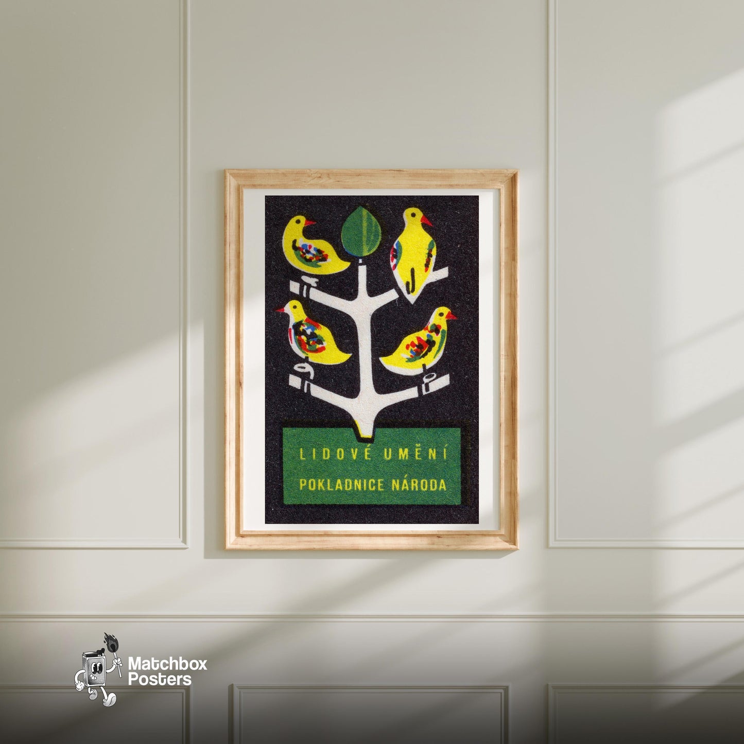 Yellow Birds on Tree - vintage matchbox label print - bedroom mockup