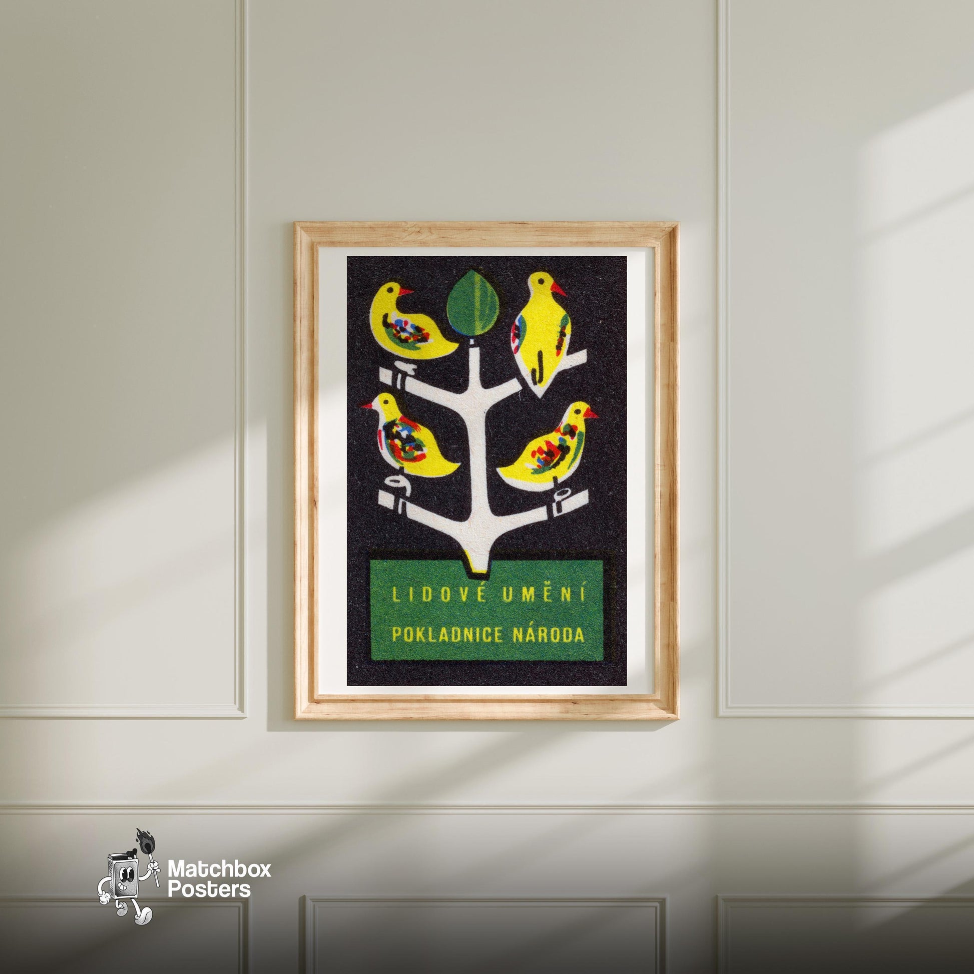 Yellow Birds on Tree - vintage matchbox label print - bedroom mockup