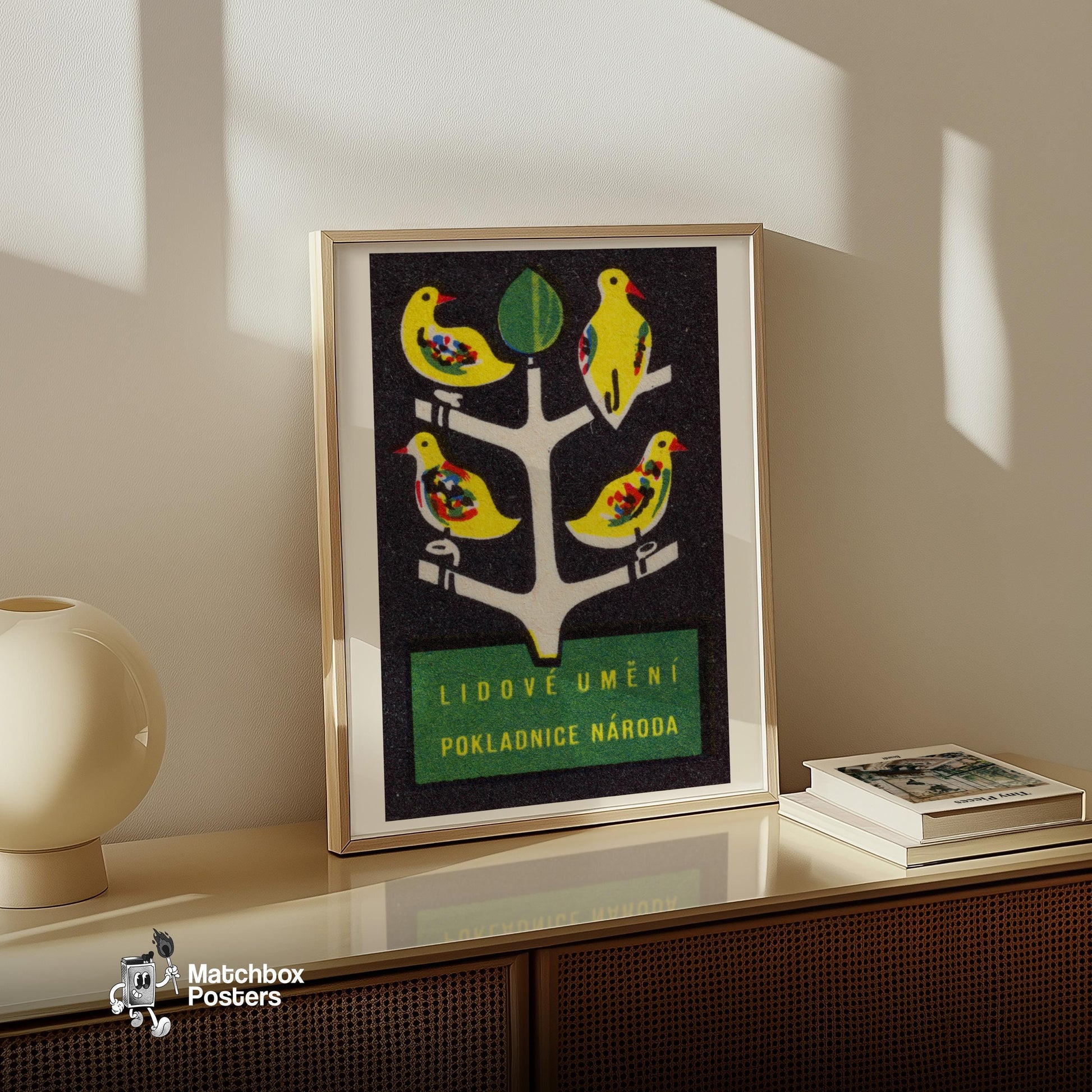 Yellow Birds on Tree - vintage matchbox label print - size comparison