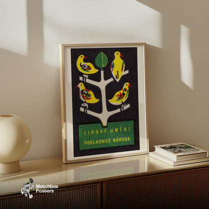 Yellow Birds on Tree - vintage matchbox label print - size comparison