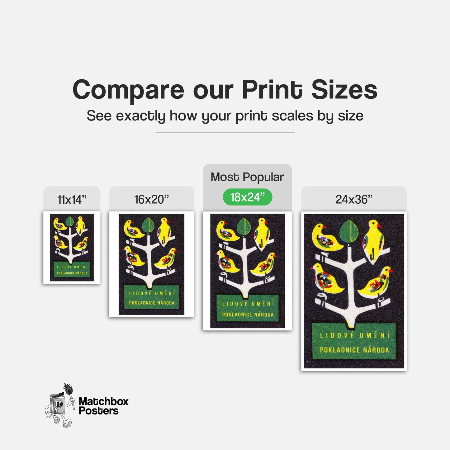 Yellow Birds on Tree - vintage matchbox label print - gallery wall preview