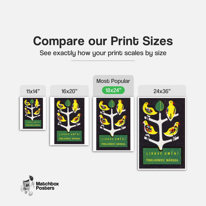 Yellow Birds on Tree - vintage matchbox label print - gallery wall preview