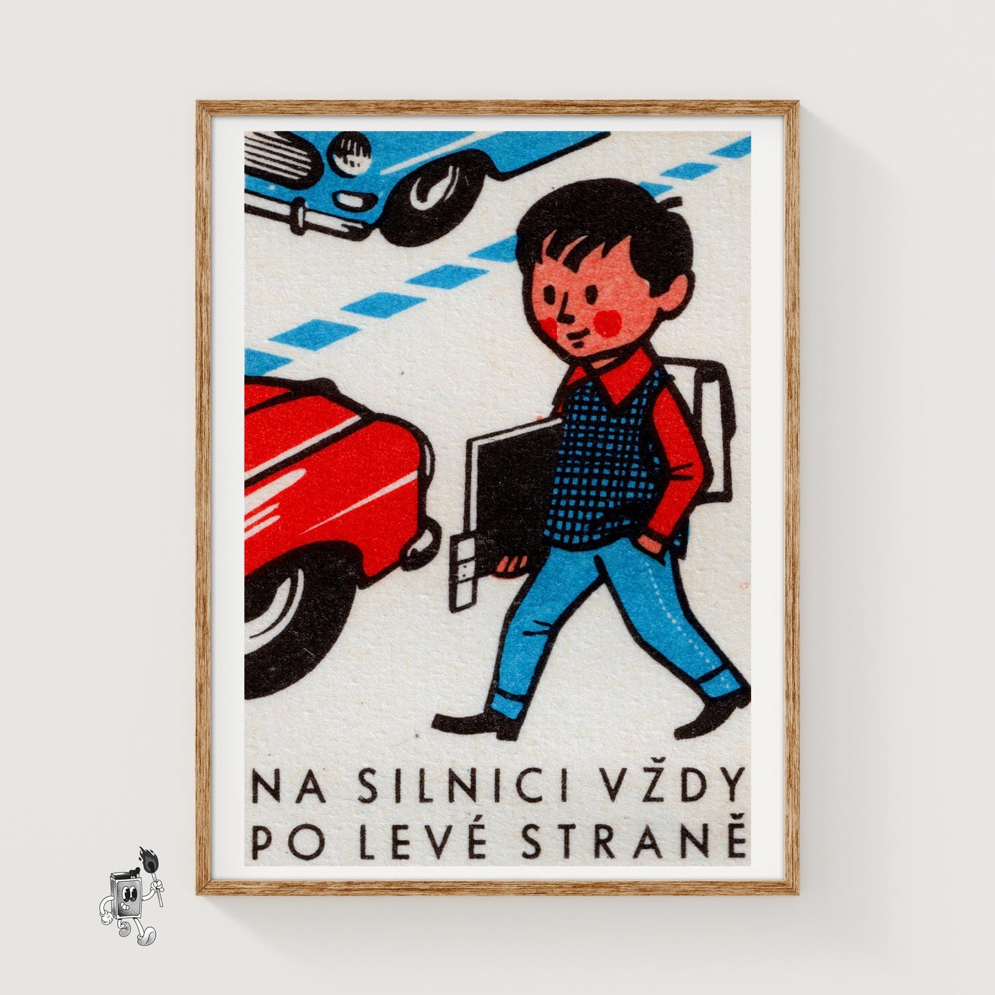 Boy Crossing Street - vintage matchbox label print
