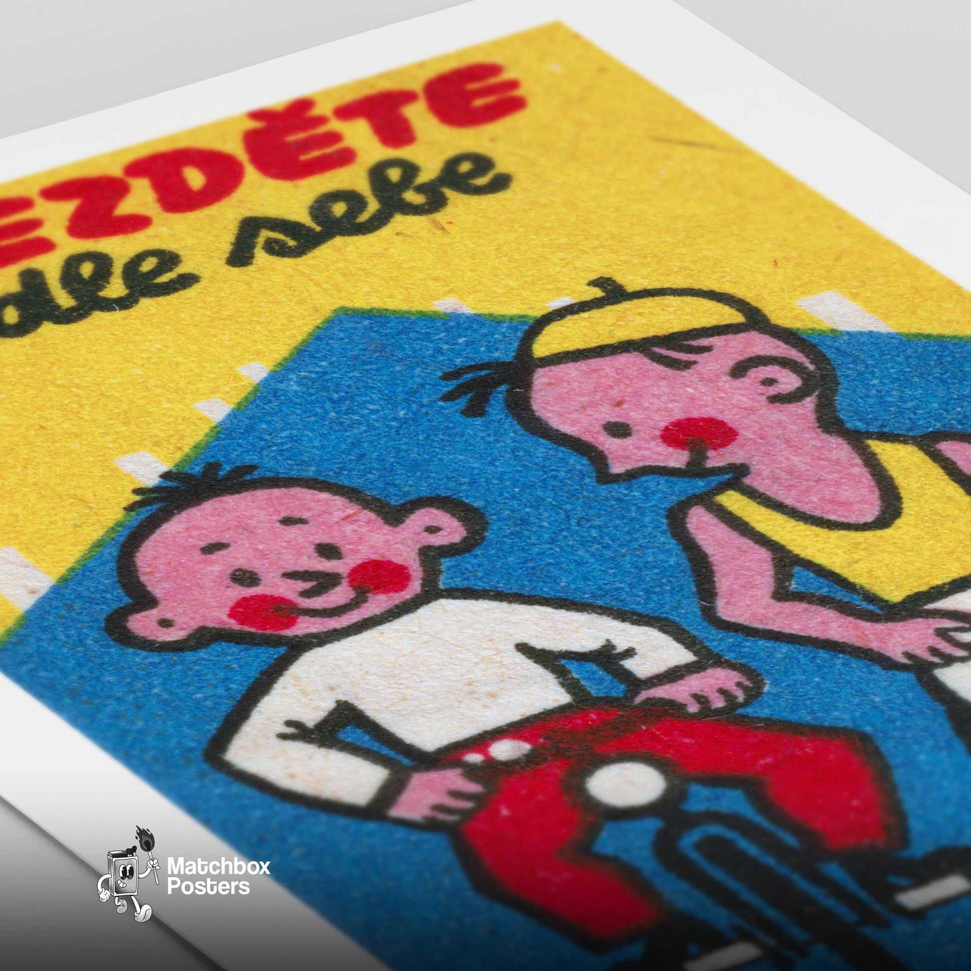 Two Boys Cycling - vintage matchbox label print - close-up detail