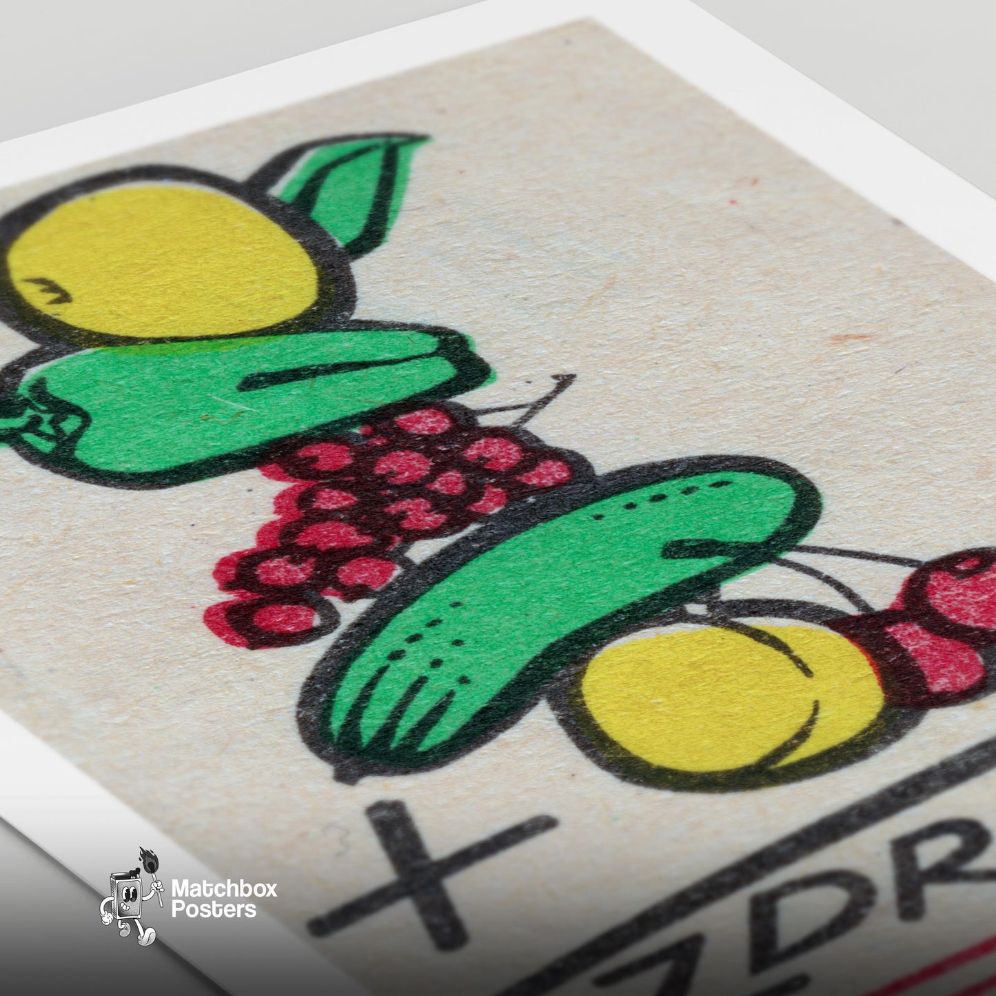 Illustration Of Fruits - vintage matchbox label print - close-up detail