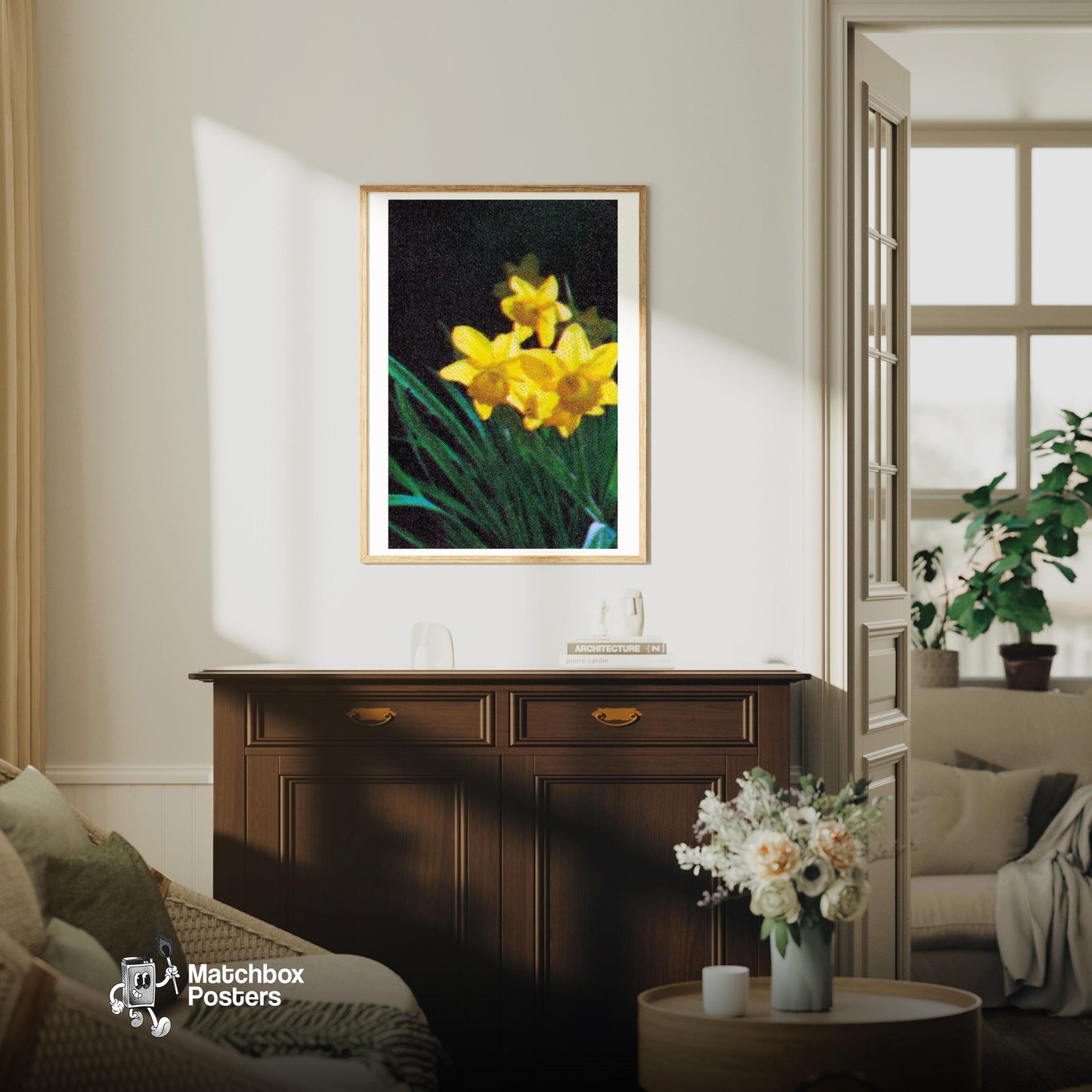 Yellow Daffodil - vintage matchbox label print - living room mockup