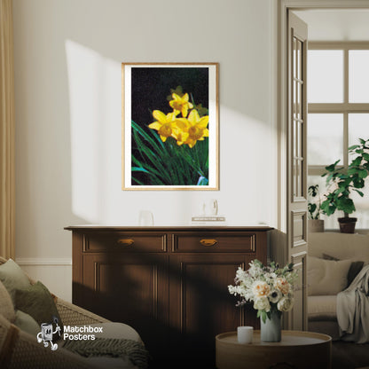 Yellow Daffodil - vintage matchbox label print - living room mockup