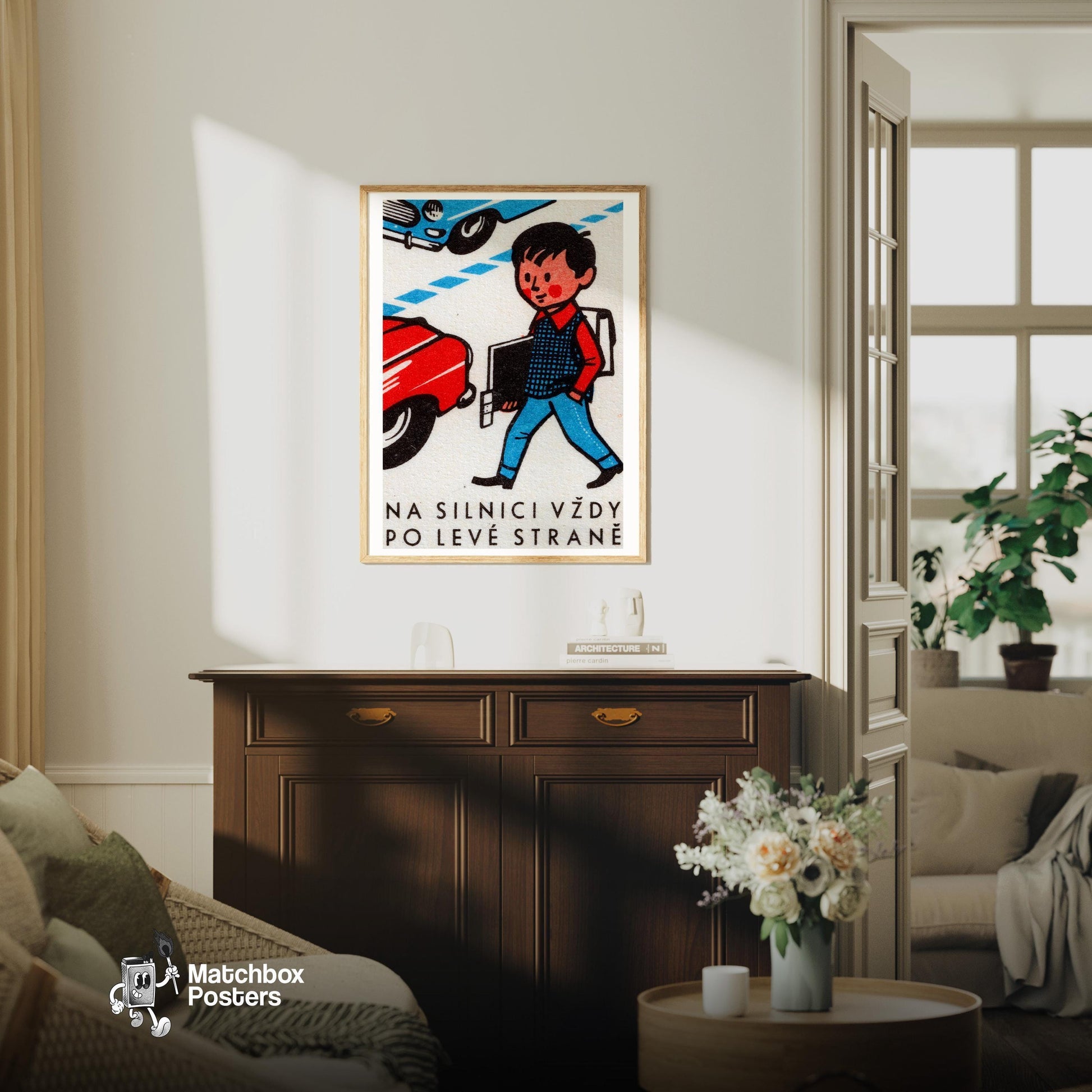 Boy Crossing Street - vintage matchbox label print - living room mockup
