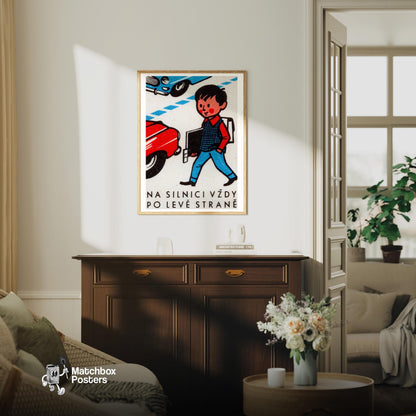 Boy Crossing Street - vintage matchbox label print - living room mockup