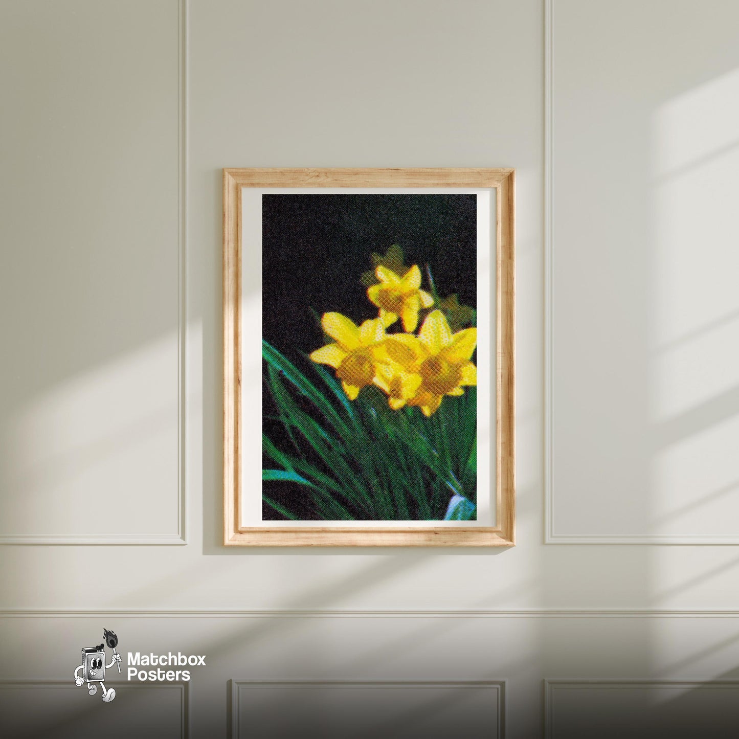 Yellow Daffodil - vintage matchbox label print - bedroom mockup