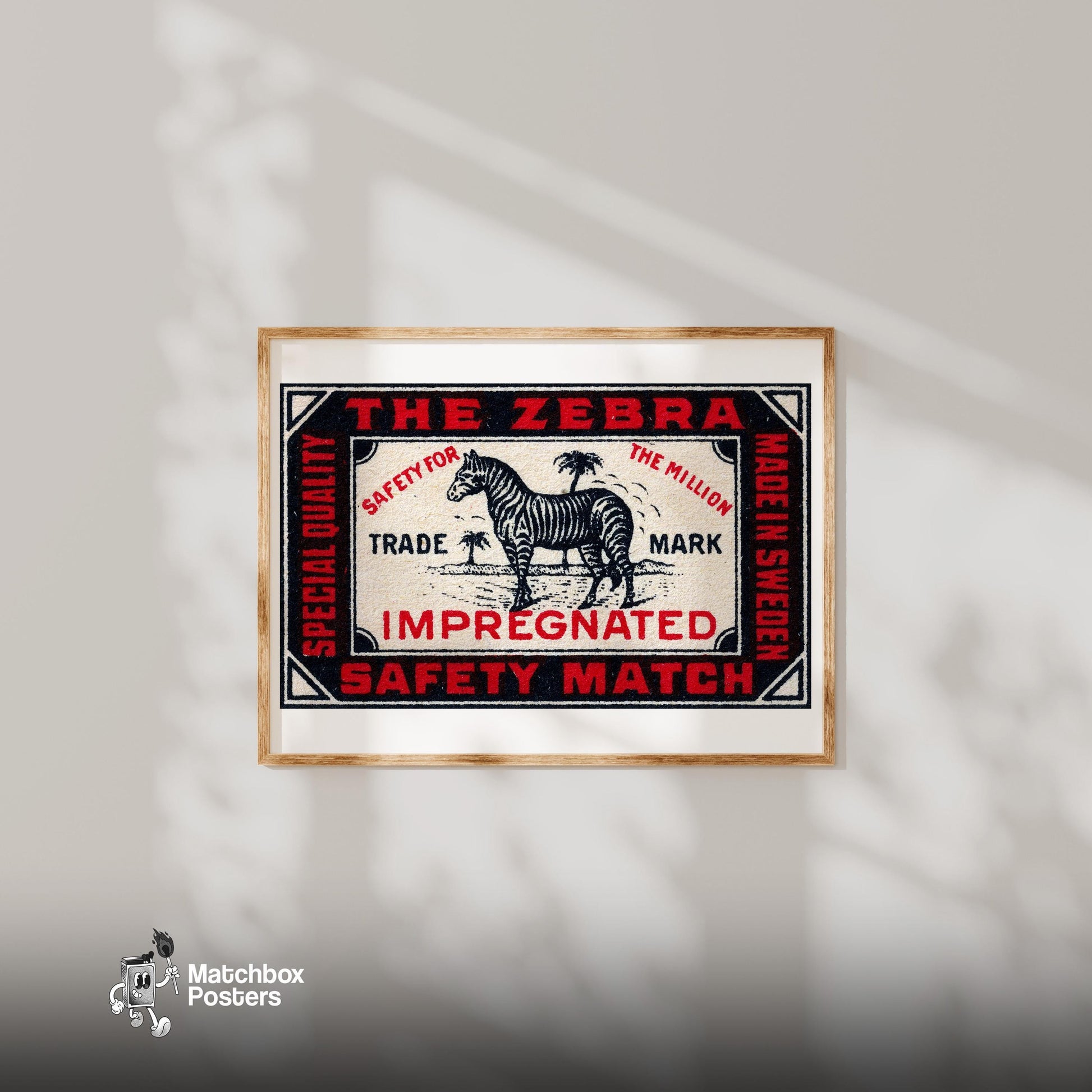 Zebra - vintage matchbox label print - bedroom mockup