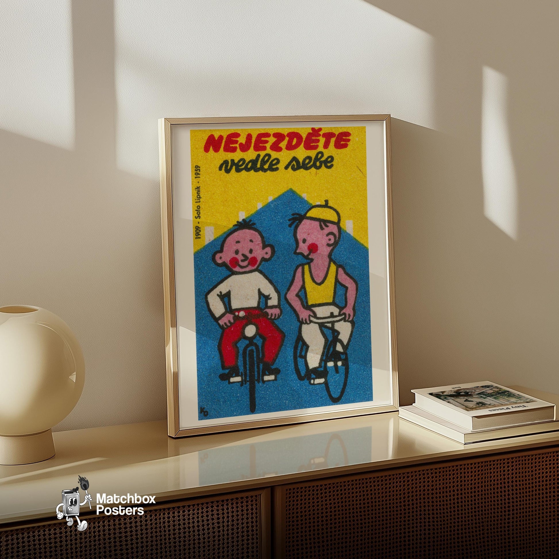 Two Boys Cycling - vintage matchbox label print - size comparison