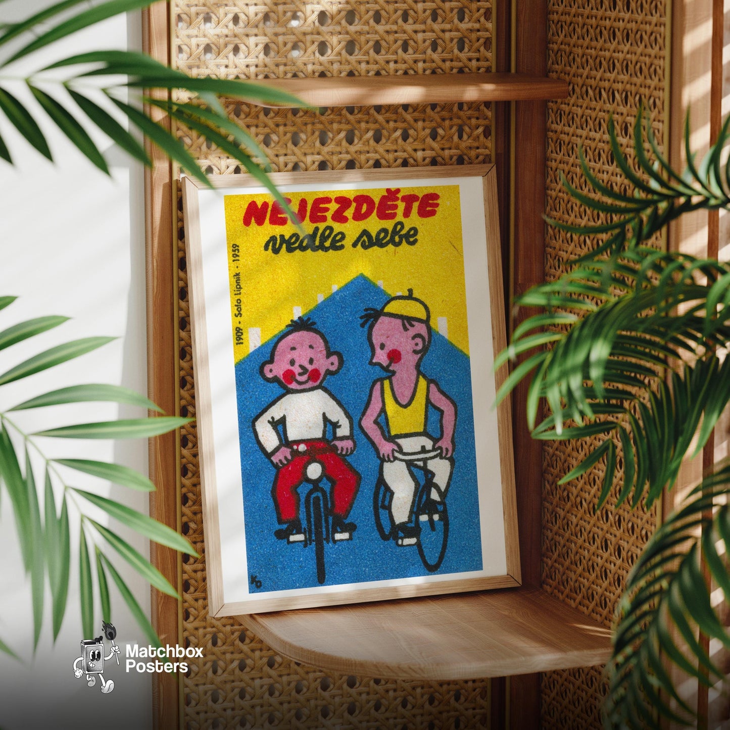 Two Boys Cycling - vintage matchbox label print - office wall