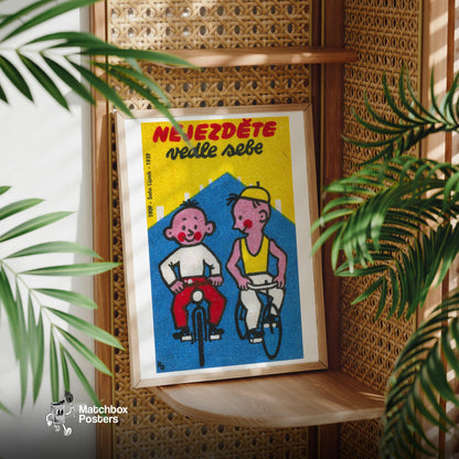 Two Boys Cycling - vintage matchbox label print - office wall