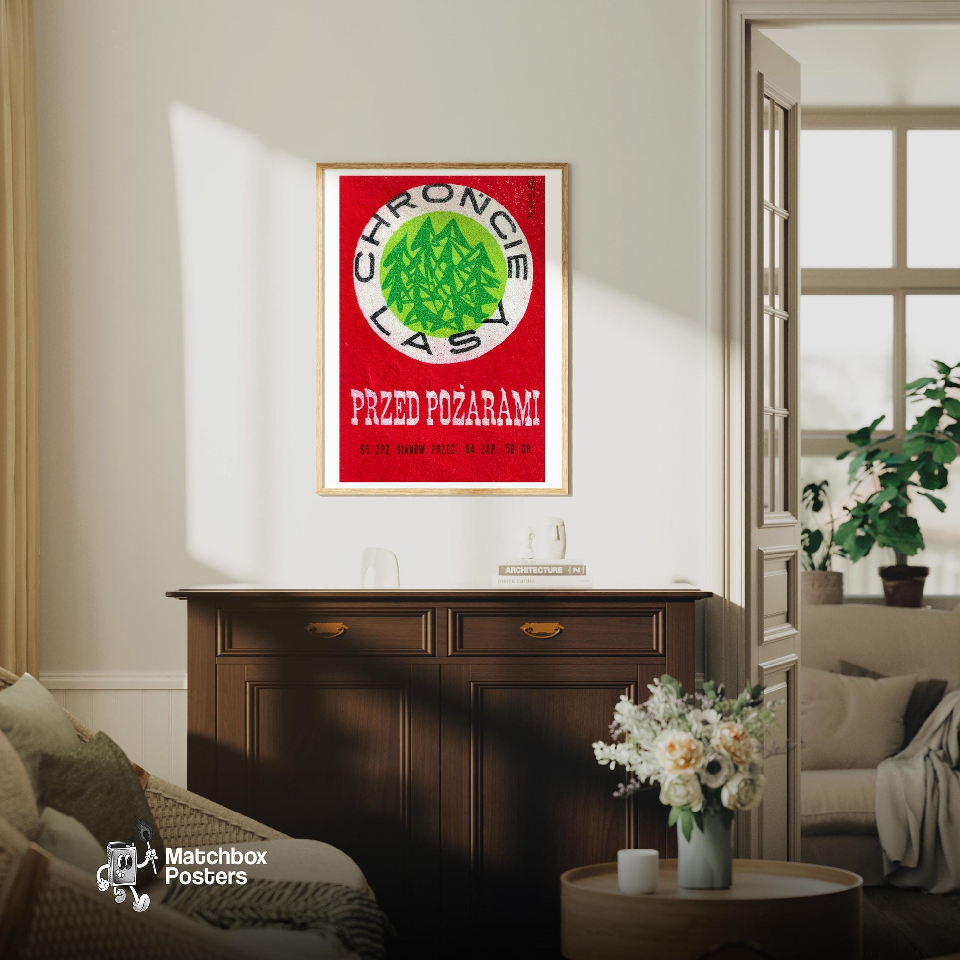 Green Forest - vintage matchbox label print - living room mockup